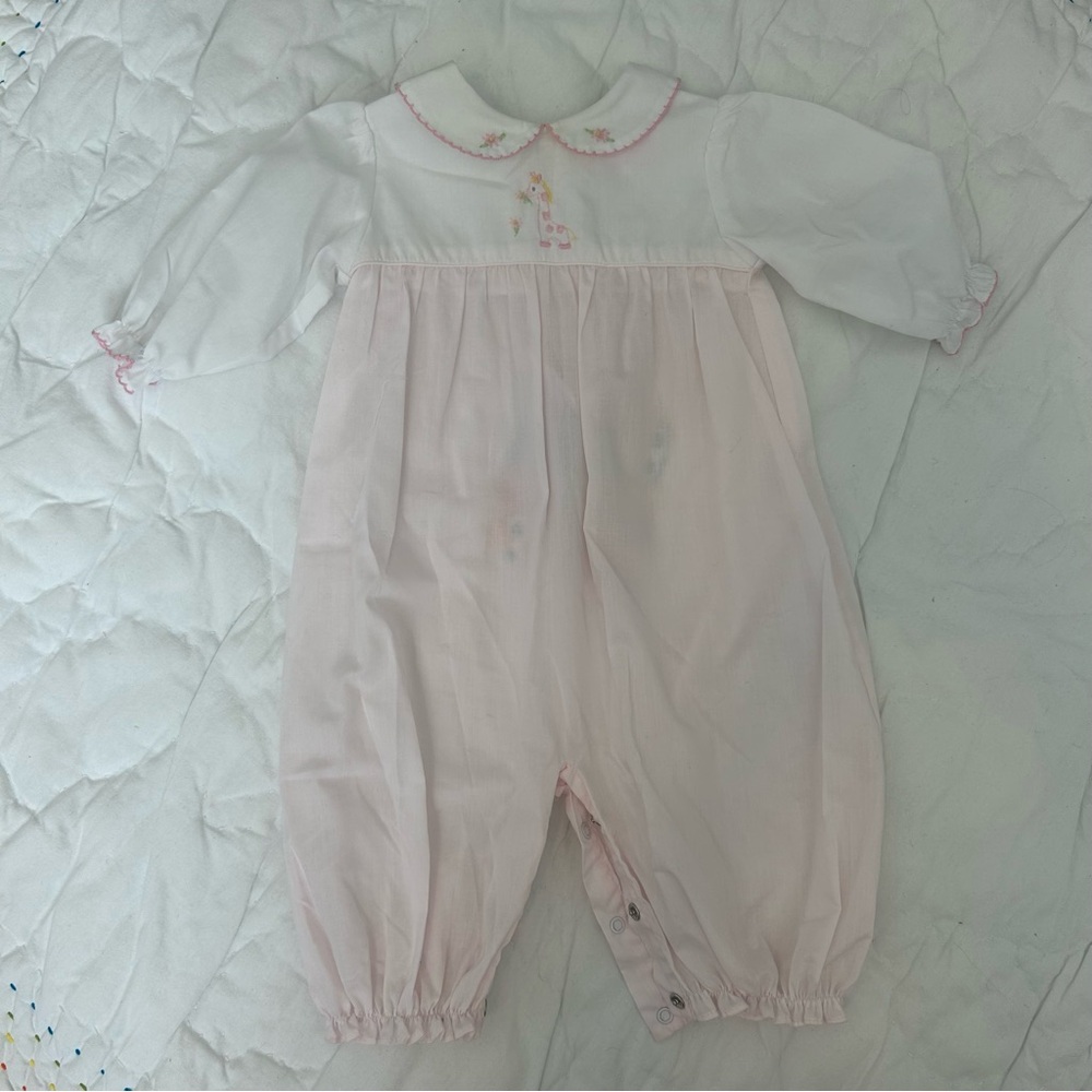 Petit Ami Pink and White Giraffe Embroidered Footie